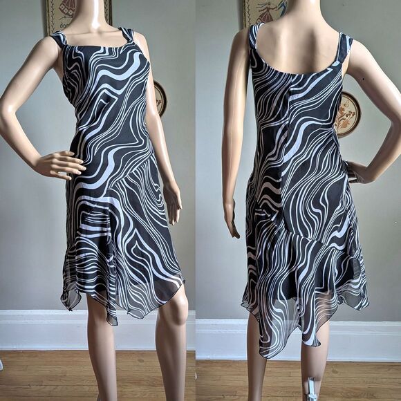 Vintage Y2k Ombre Midi Dress Black and White Swirl Psychedelic Size 7/8 - Picture 1 of 10